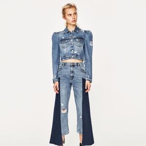 Zara Puff Sleeve Cropped Denim Jacket